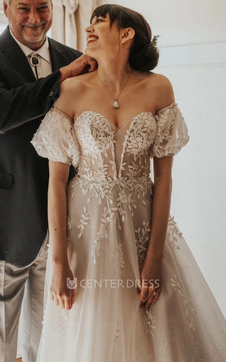 Off-Shoulder Tulle A-Line Wedding Dress with Train Elegant Modern