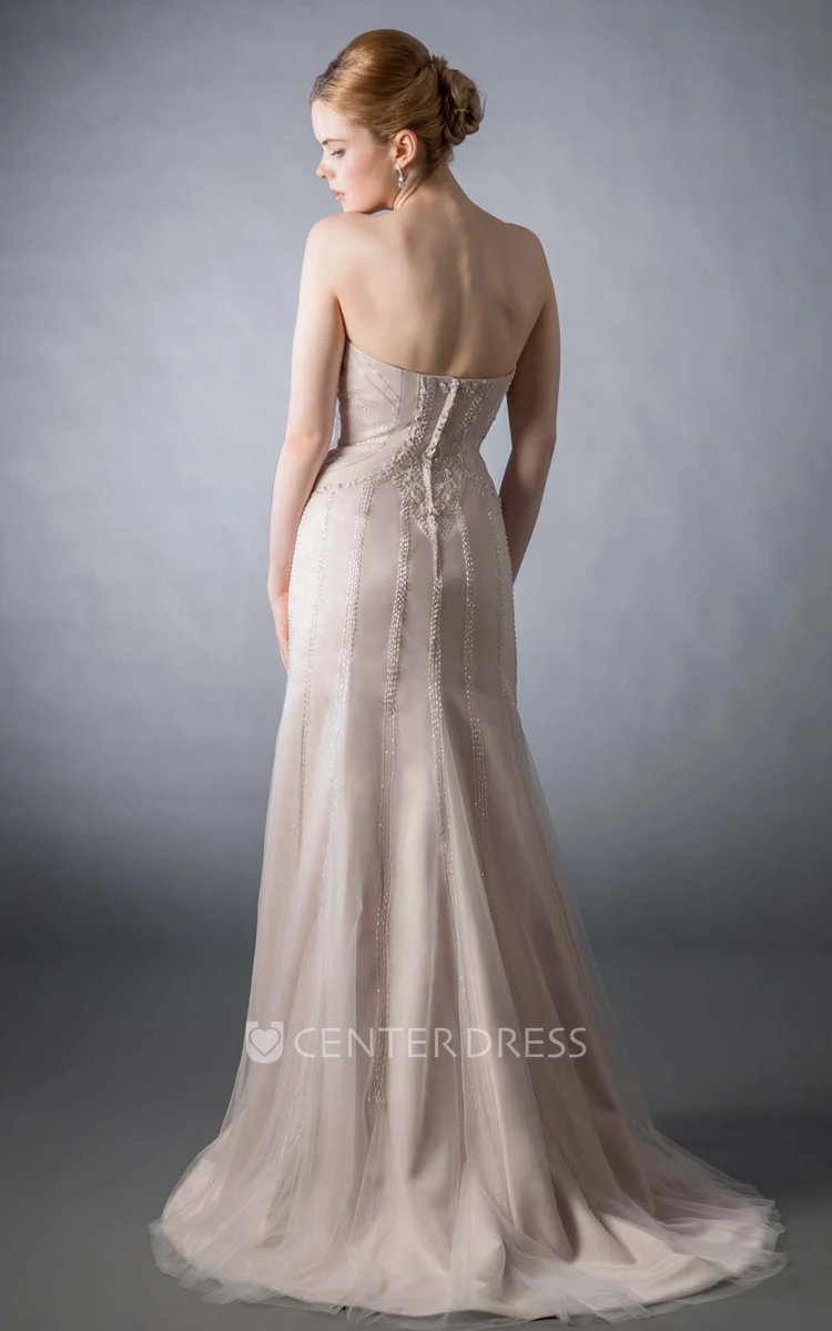 Sheath Beaded Sweetheart Sleeveless Tulle Wedding Dress With Brush Train