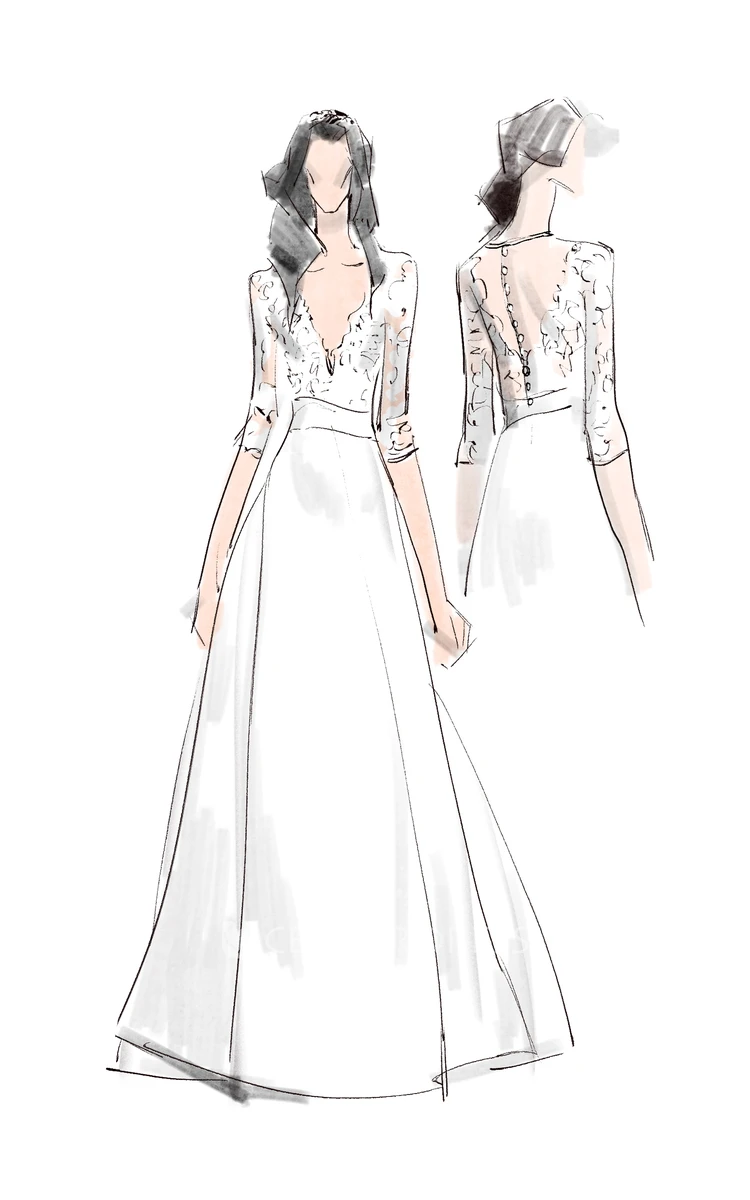V-Neck Illusion Long Sleeve A-Line Satin Appliqued Plus Size Wedding Dress