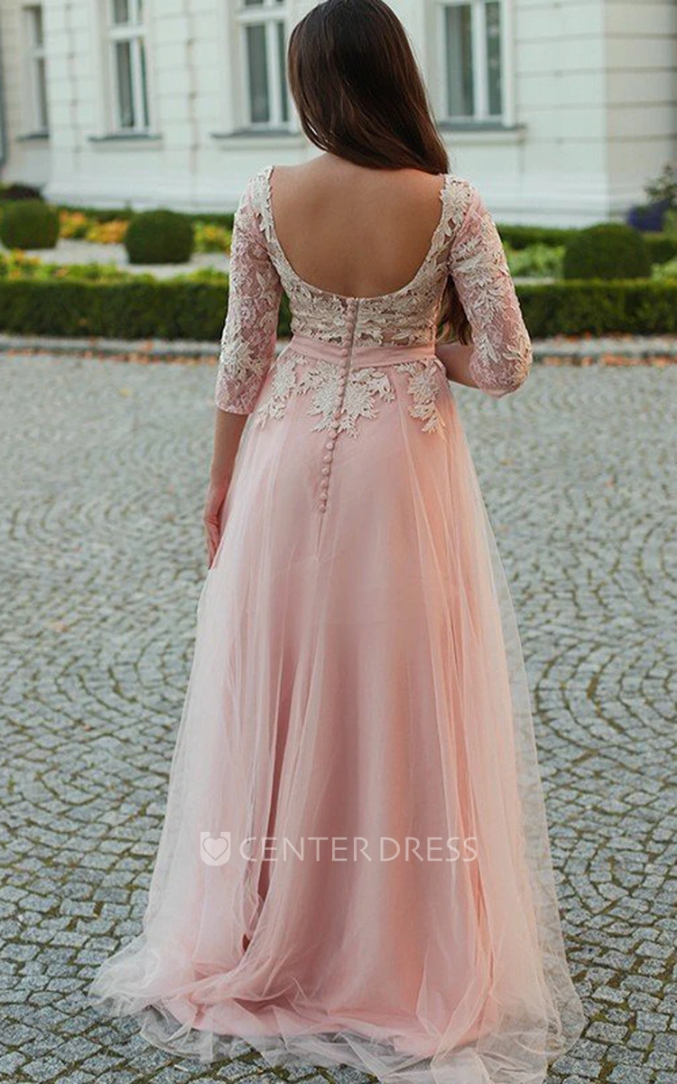 A Line 3/4 Length Sleeve Lace Tulle Romantic Open Back Formal Dress with Appliques