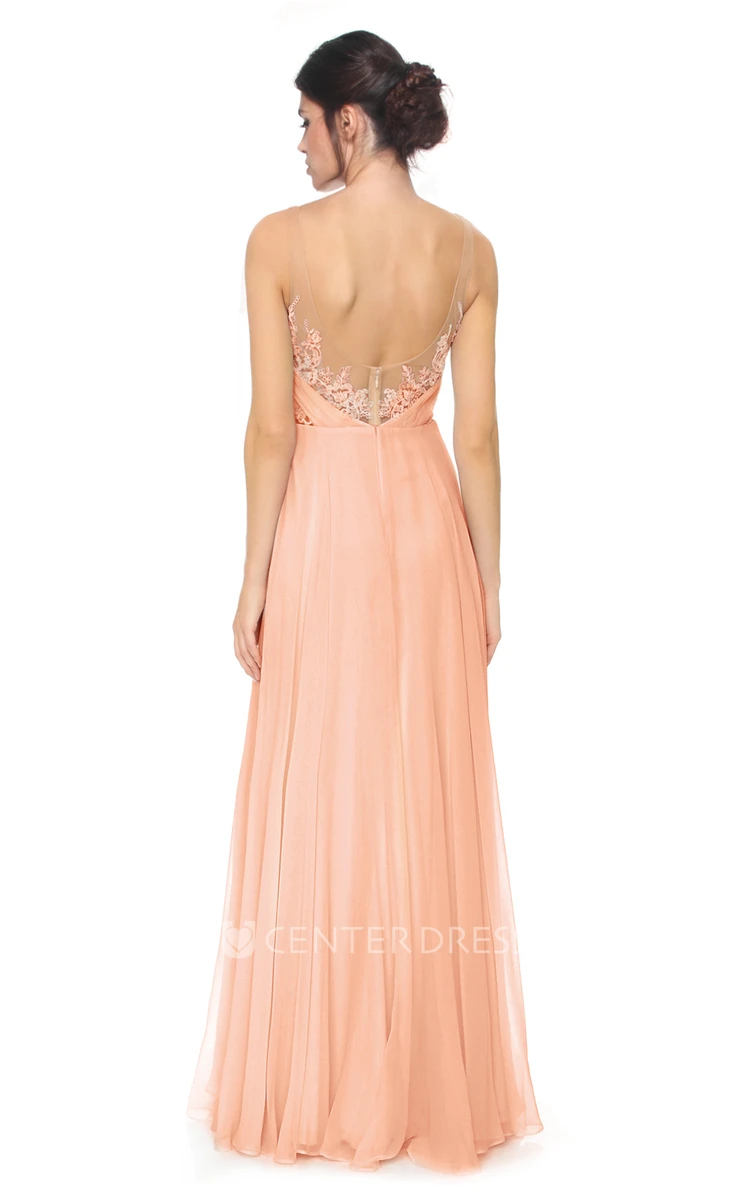 Sleeveless Scoop Neck Appliqued Tulle Bridesmaid Dress With Low-V Back