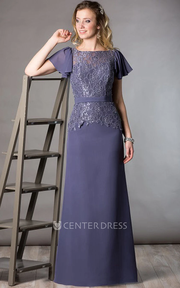 Lace Top Ruffled Short Sleeve A-Line Long Mother Of The Bride Dress With Crystal Details