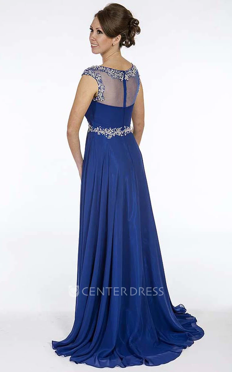 A-Line Beaded Empire Long Scoop Cap-Sleeve Chiffon Prom Dress With Waist Jewellery And Ruching