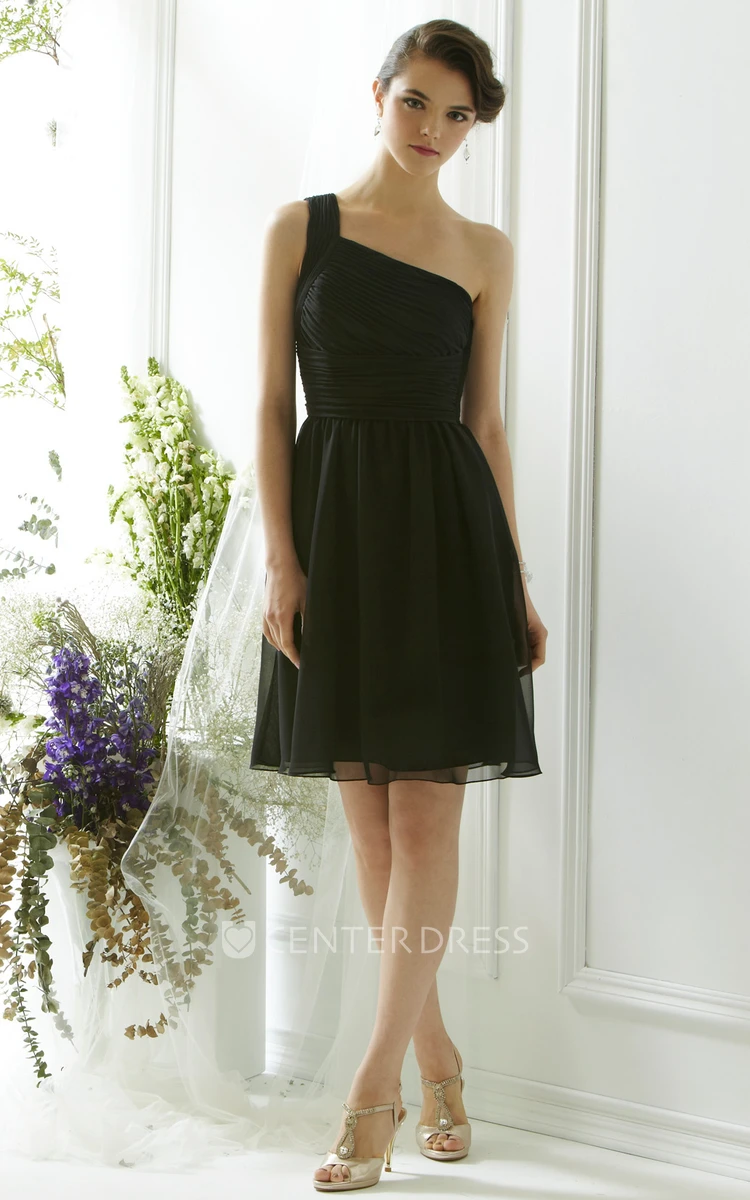 A-Line One-Shoulder Short Sleeveless Chiffon Bridesmaid Dress With Ruching And Straps