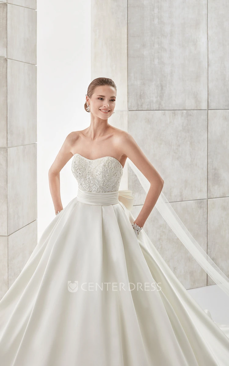 Strapless A-line Wedding gown with Cinched Waistband and Back Bow - UCenter  Dress