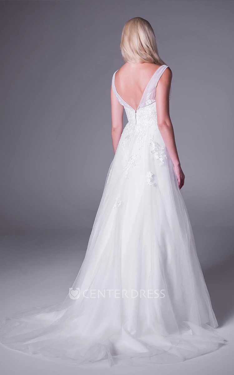 A-Line V-Neck Jeweled Maxi Sleeveless Tulle Plus Size Wedding Dress With Appliques And V Back