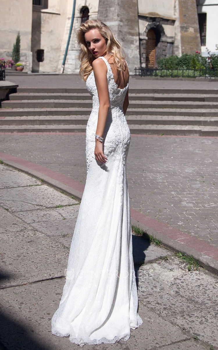Sheath Floor-Length Appliqued Sleeveless Lace Wedding Dress With Low-V Back And Pleats