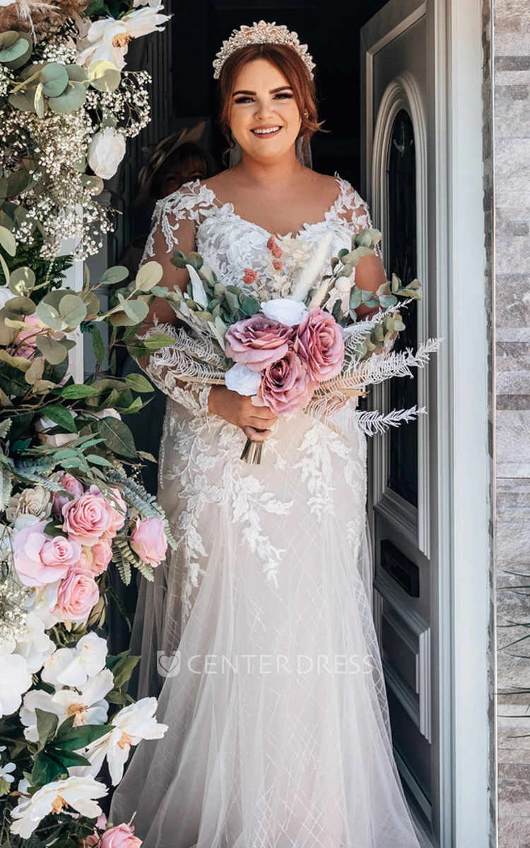 Mermaid Fall V-neck Long Sleeve Lace Elegant Wedding Dress Floor-length Women Garden