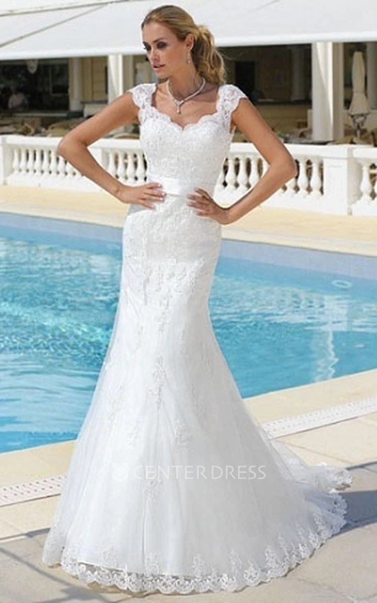 Mermaid Cap-Sleeve Lace Wedding Dress With Deep-V Back