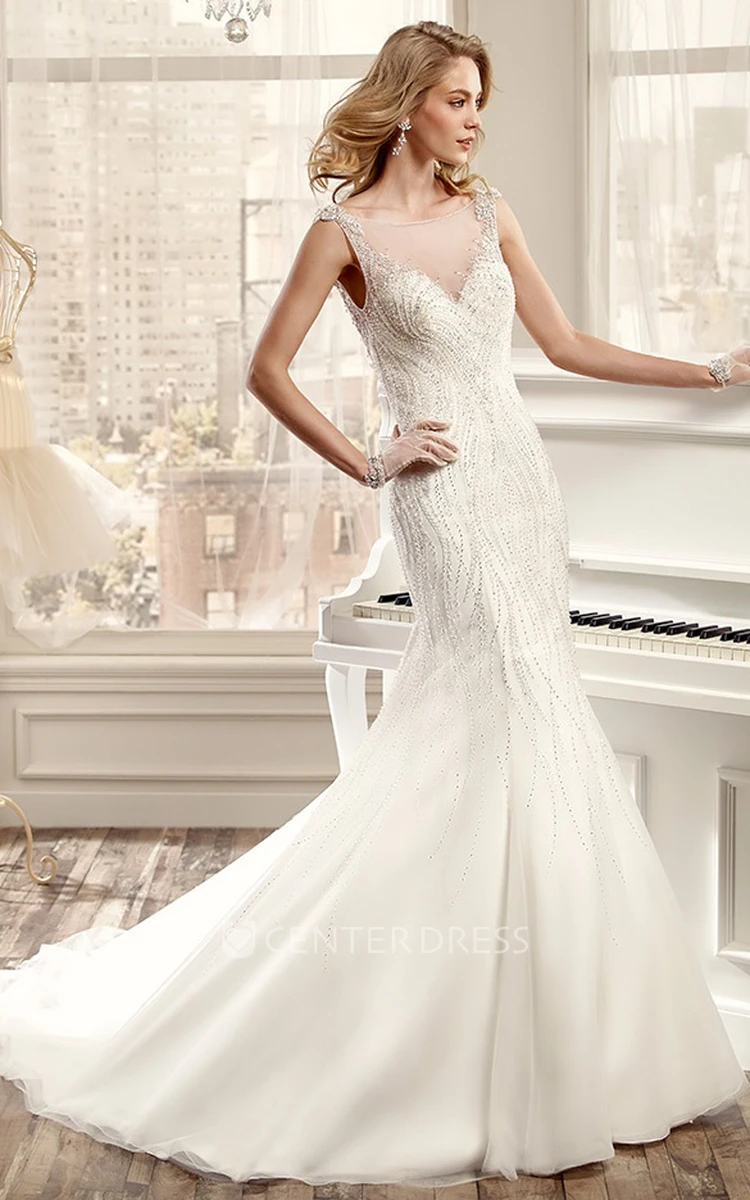 Beaded Mermaid Wedding Dress With Open Back And Illusive Neckline