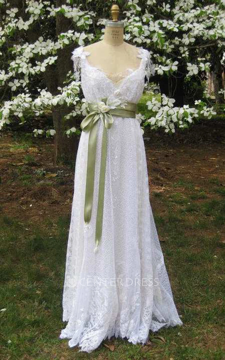 V-Neck Sleeveless A-Line Hippie Lace Wedding Dress With Bow