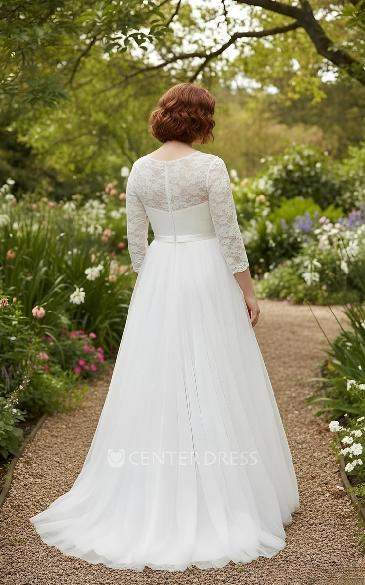 Plus Size Lace A-Line Wedding Dress Modest 3/4 Sleeves Bridal Gown