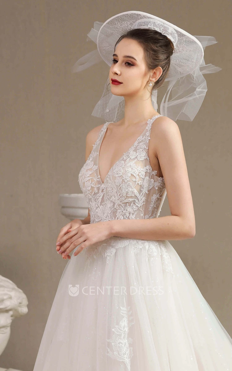Sleeveless Lace Appliqued Ballgown Sexy Plunging V-neck Wedding Dress With V-back