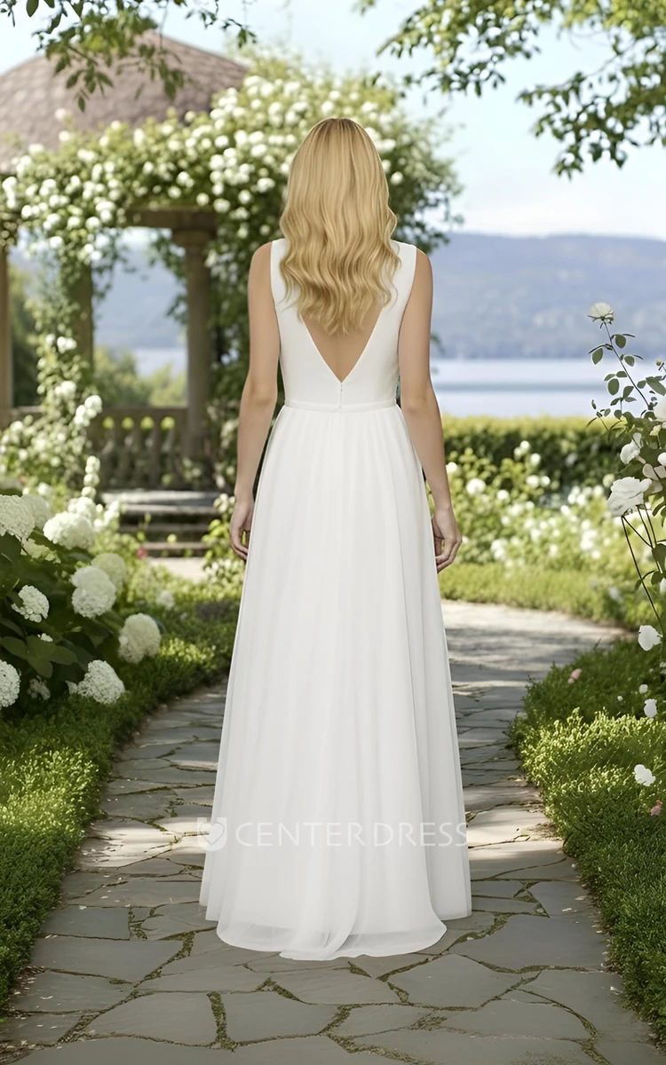 A-Line Lace Sleeveless Wedding Dress V-Neck Chiffon Gown for Garden & Outdoor Wedddings