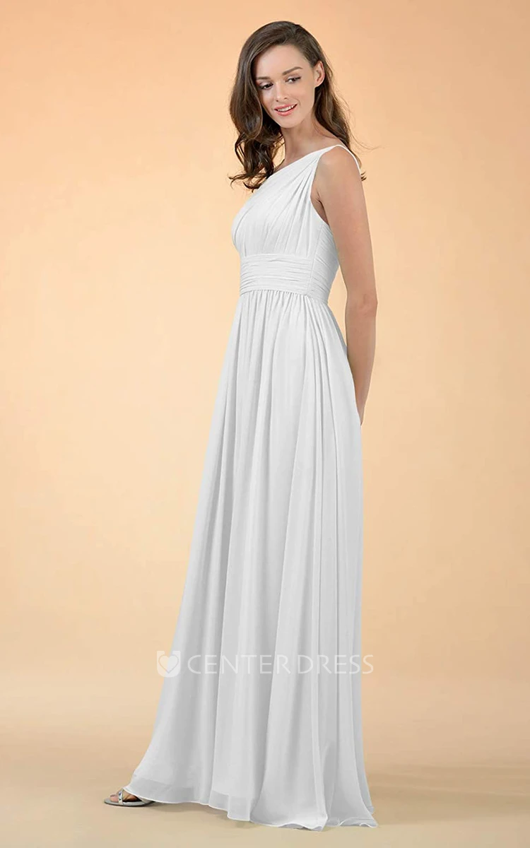 Simple Chiffon Floor-length One-shoulder A Line Sleeveless Bridesmaid Dress With Ruching