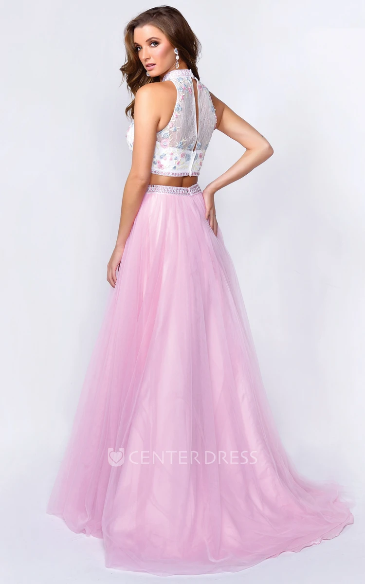A-Line Long Jewel-Neck Sleeveless Tulle Illusion Dress With Appliques And Flower