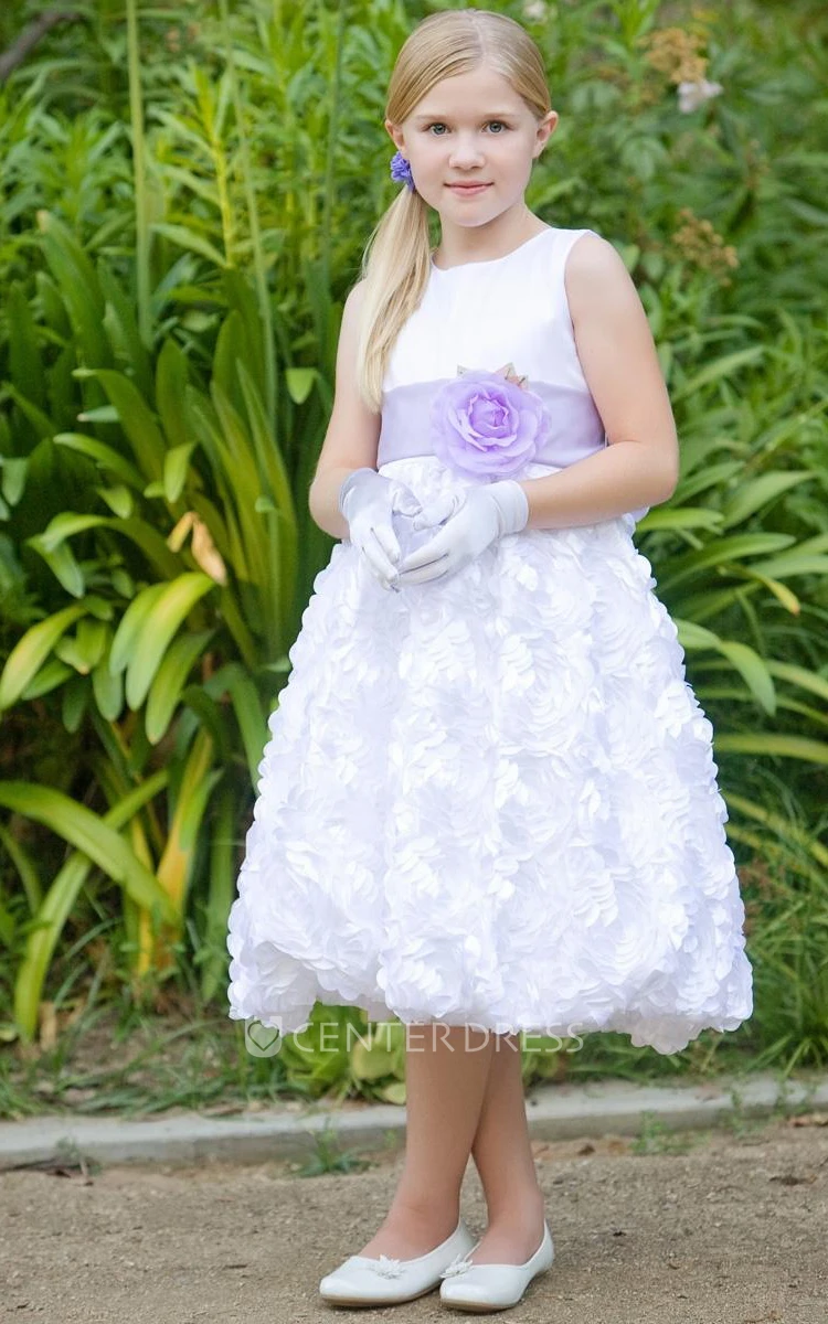 Tea-Length Tiered Satin Flower Girl Dress