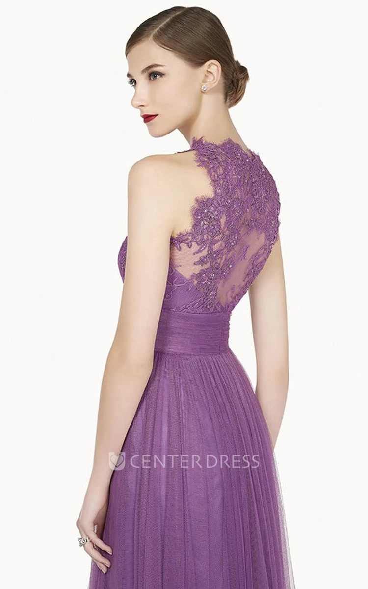 Lace High Neck Sleeveless A-Line Tulle Long Prom Dress With Bandage