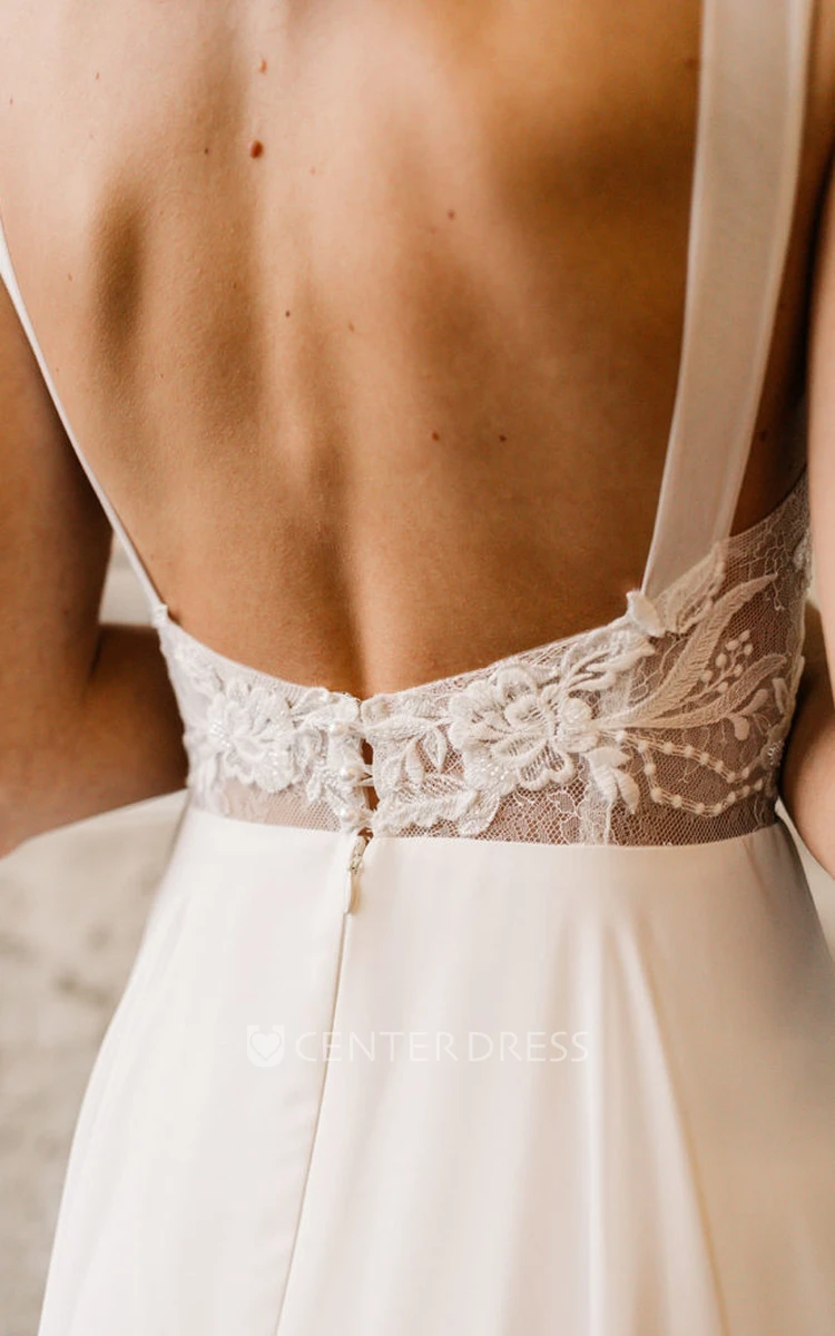 Modest V-neck Chiffon Sleeveless Floor-length Natural Wedding Dress with Straps