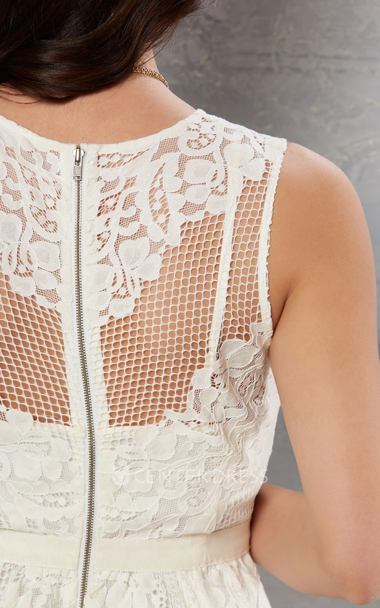 Tea-Length V-Neck Sleeveless Lace Wedding Dress With Illusion Back