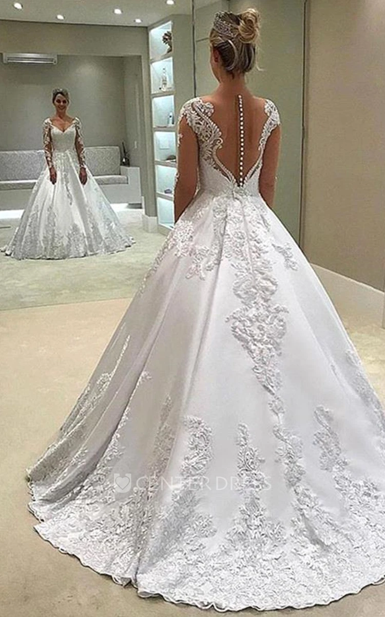 Ethereal Ball Gown V-neck Satin Court Train Wedding Dress with Appliques