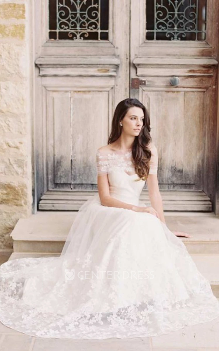 A-Line Sleeveless Maxi Sweetheart Appliqued Satin&Tulle Wedding Dress
