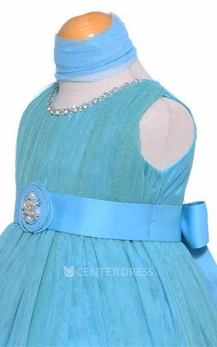 Jewel Tea-Length Pleated Tiered Tulle&Satin Flower Girl Dress