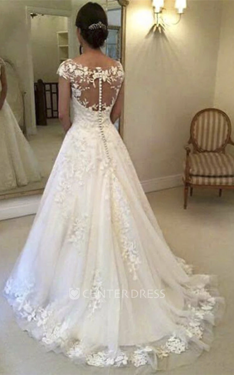 Elegant Minimalist A-Line Boho Lace Wedding Dress Adorable Vintage Bateau Cap Sleeves Bridal Gown with Sweep Train