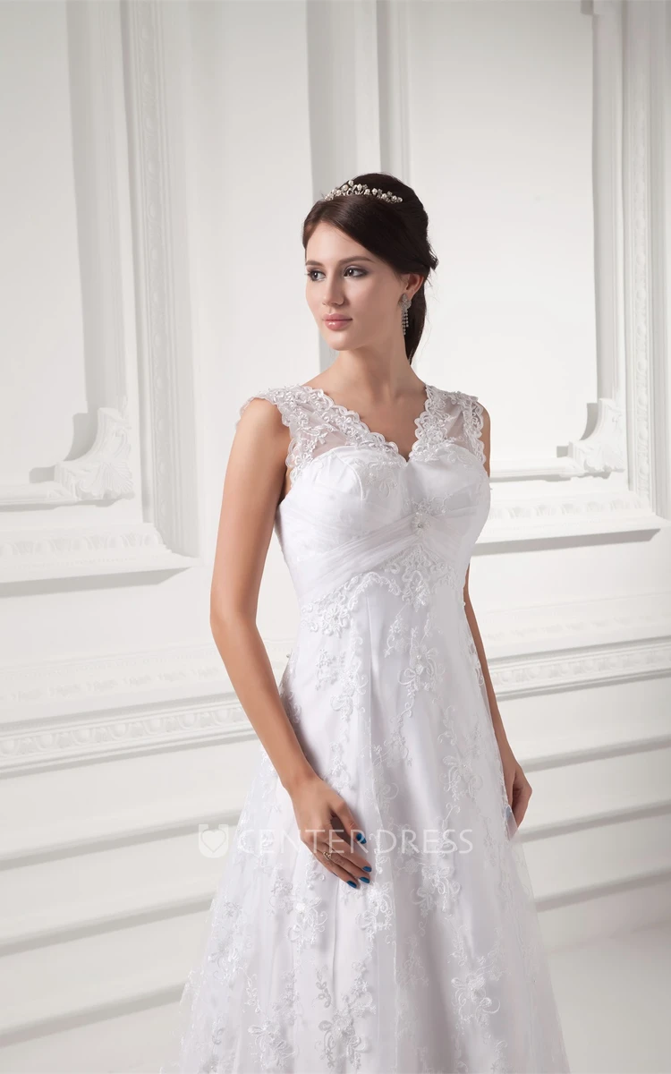 A Line V Neck Lace Sleeveless Wedding Gown with Low-v Back