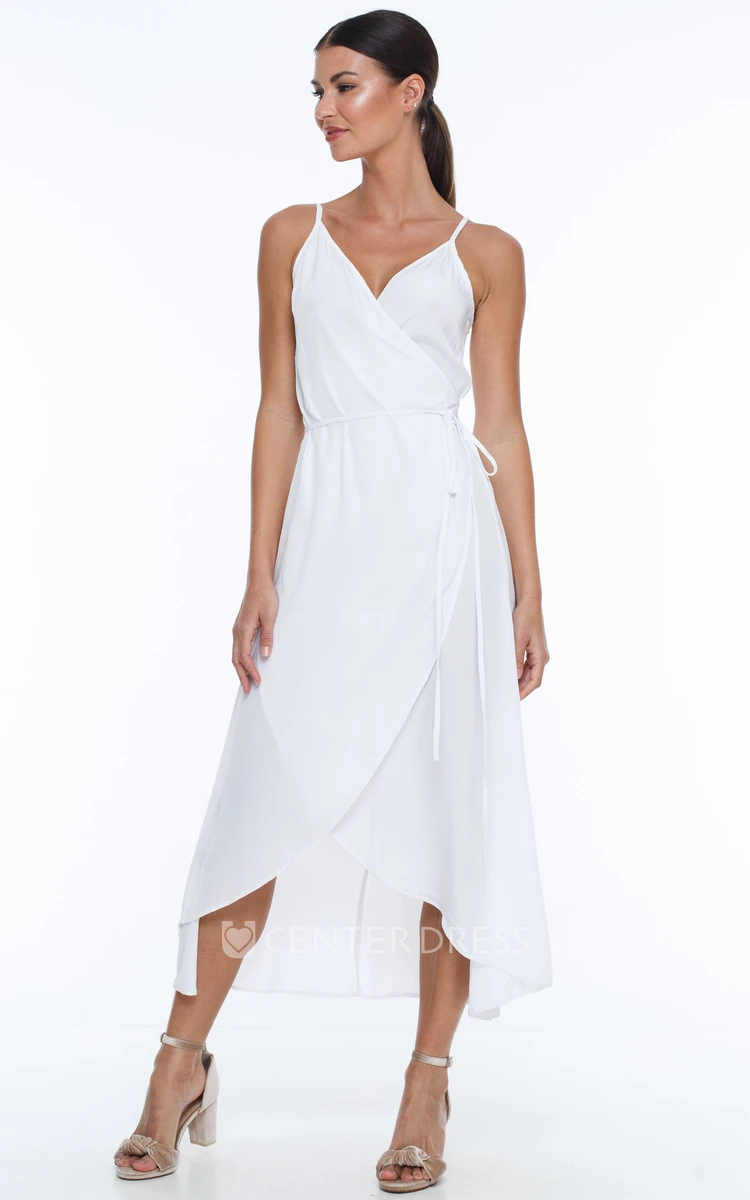 Informal Spaghetti Straps A-Line Charmeuse Bridesmaid Dress With Sash And Split Front