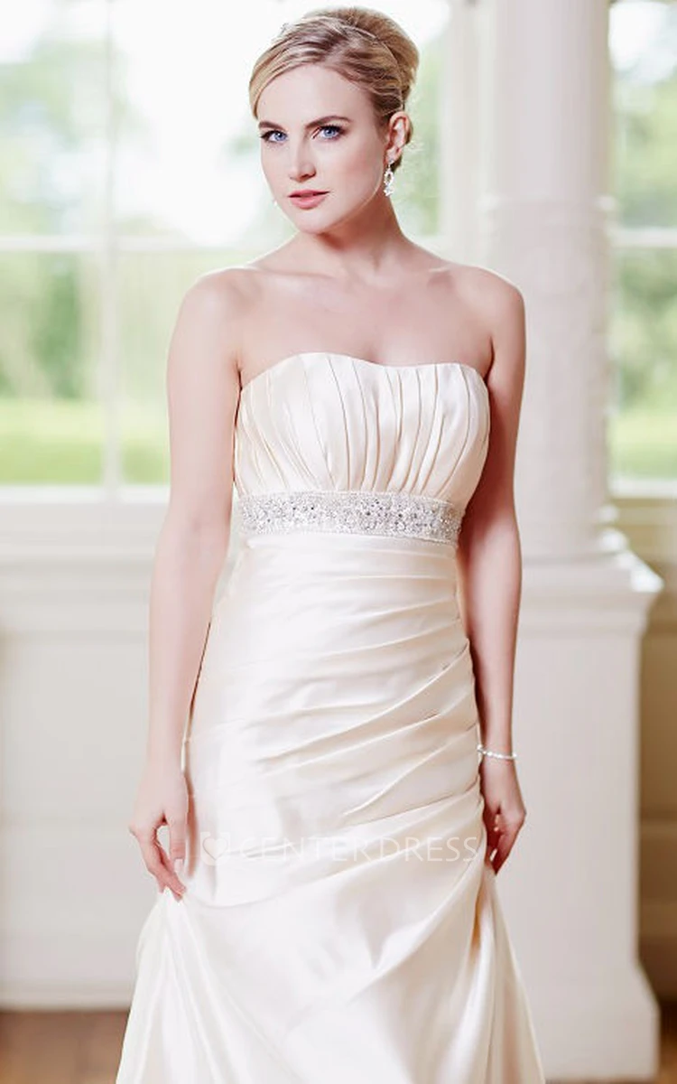 Strapless Maxi Jeweled Satin Wedding Dress With Draping And Corset Back