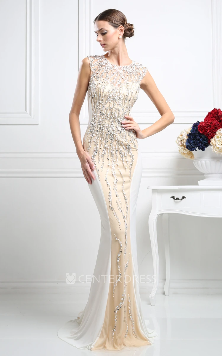 Sheath Long Scoop-Neck Sleeveless Tulle Illusion Dress With Crystal Detailing
