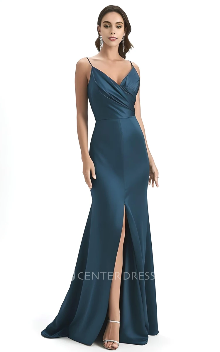 Satin Sleeveless Evening Dress with Split Front Elegant Mermaid Prom Dress