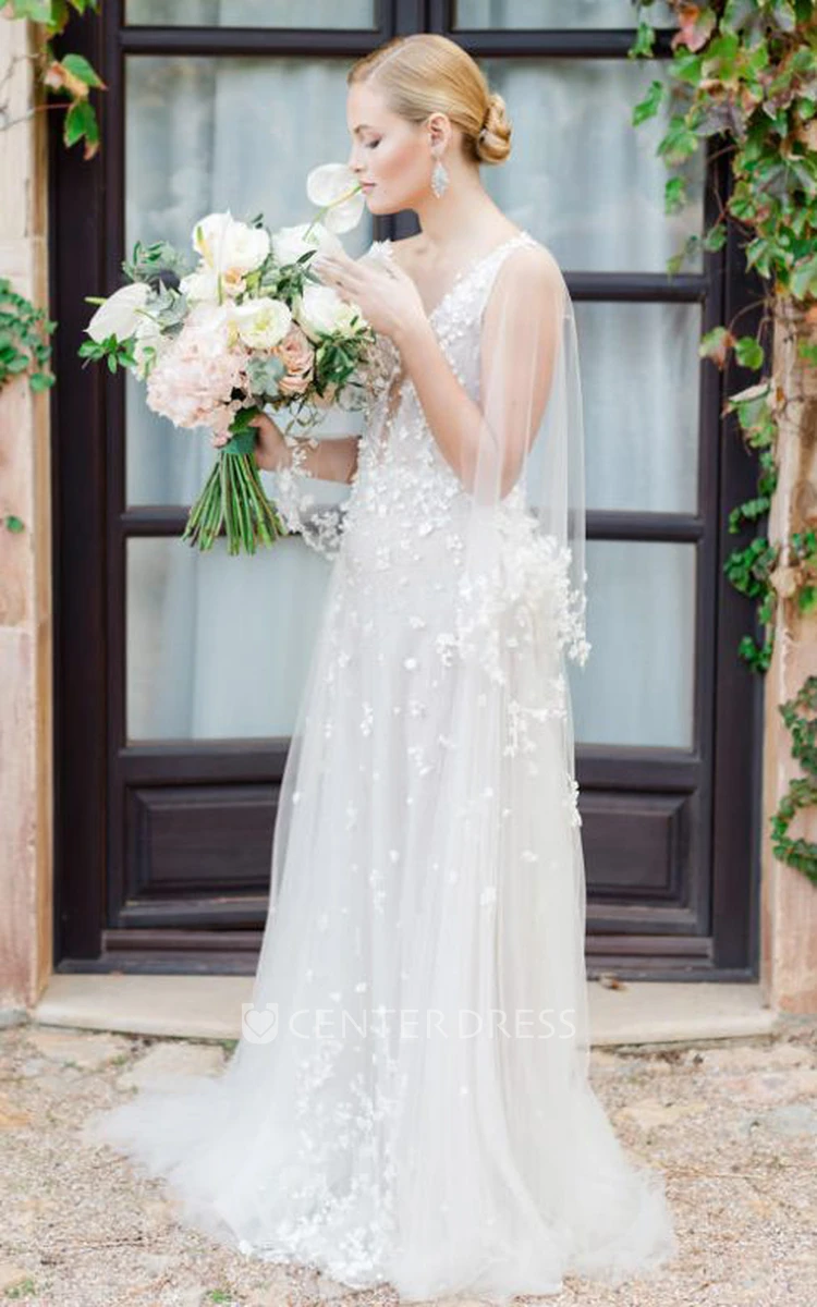 Casual A-Line Bateau Neckline Tulle Wedding Dress With Illusion Back And Appliques