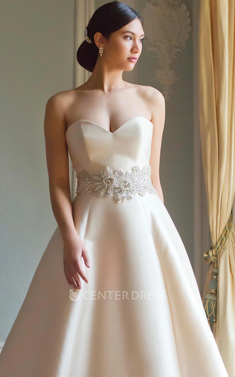 A-Line Sweetheart Floor-Length Satin Wedding Dress With Waist Jewellery