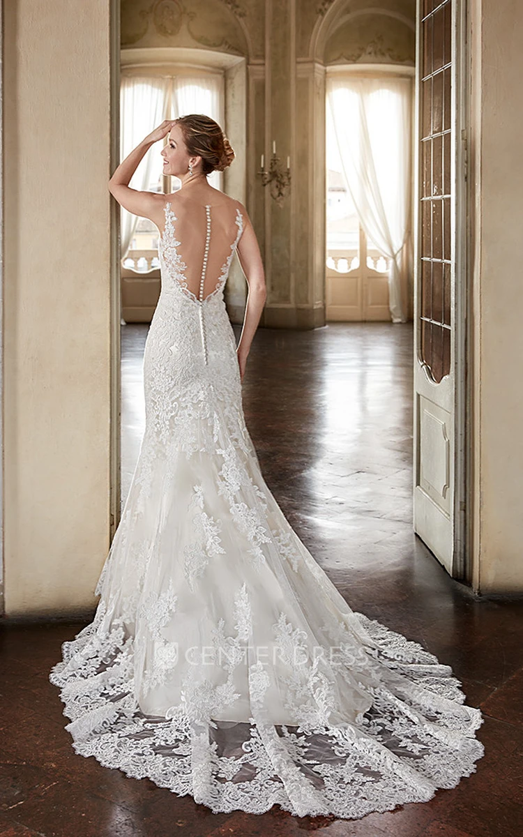 Mermaid Appliqued Scoop-Neck Floor-Length Sleeveless Lace Wedding Dress