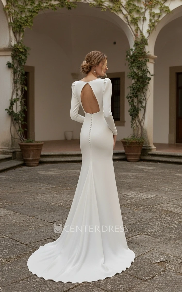 Vintage Long Sleeve Mermaid V-neck Satin Wedding Gown with Sweep Train Solid Button Back Warm Bridal Dress