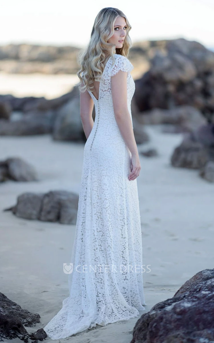 Short Sleeve Sheath Lace V Neck Wedding Dress Short Sleeve Sheath Lace V Neck Wedding Dress