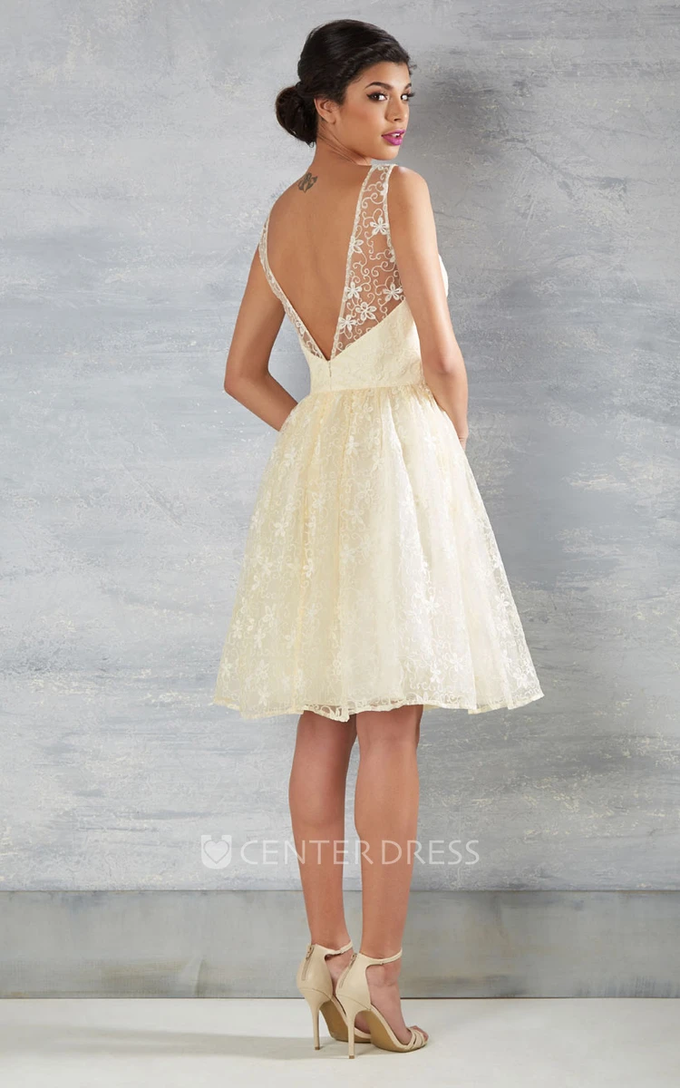 Midi V-Neck Lace Wedding Dress With V Back