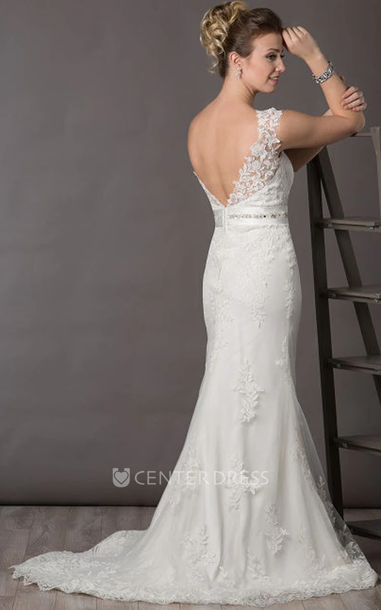 Backless V Neck Cap Sleeve Appliqued Mermaid Bridal Gown With Crystal Sash