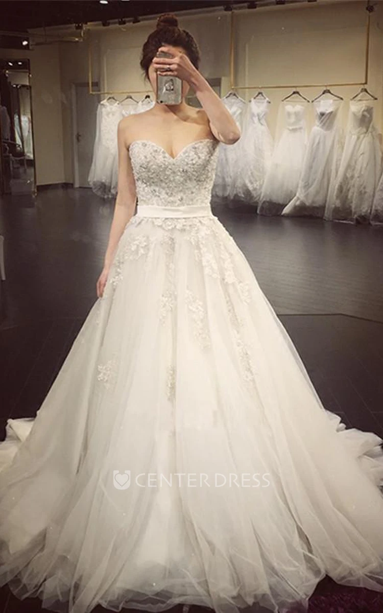 Ball Gown Sweetheart Lace Tulle Backless Zipper Wedding Gown