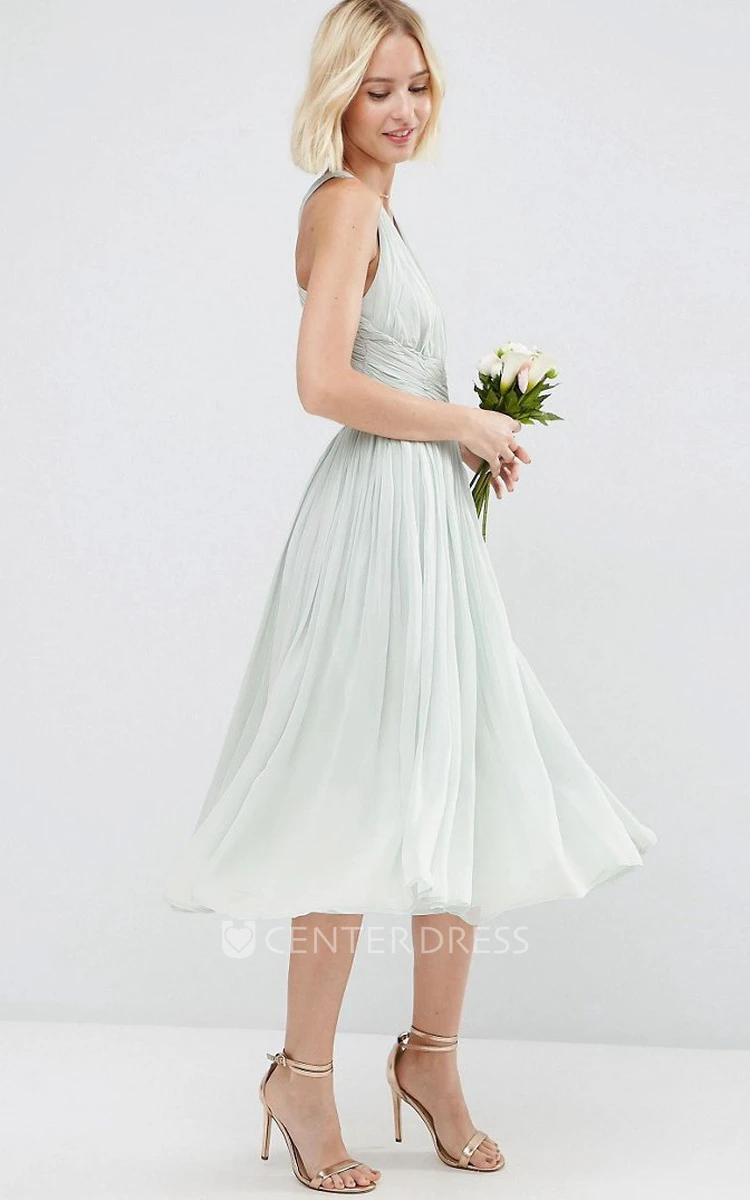 Knee-Length V-Neck Sleeveless Chiffon Bridesmaid Dress With Ruching And Straps