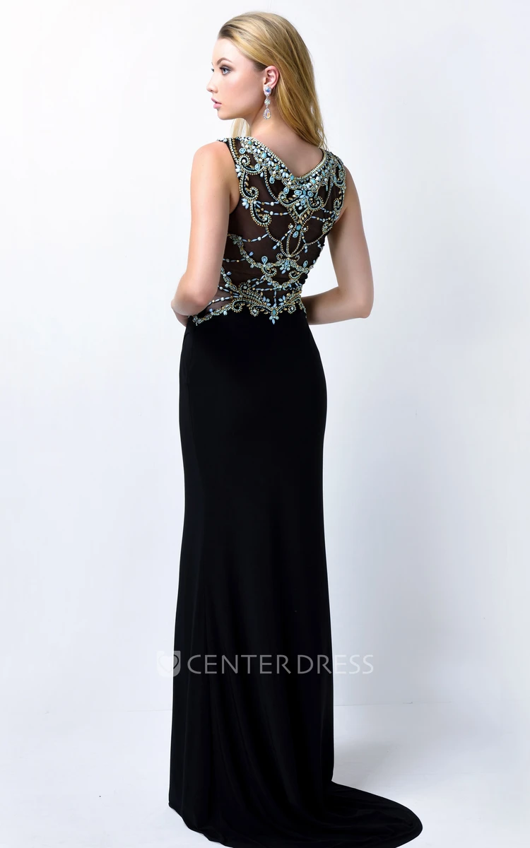 Sheath Long Scoop-Neck Sleeveless Jersey Illusion Dress With Beading And Split Front
