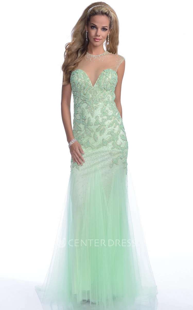 A-Line Jewel Neck Cap Sleeve Prom Dress With Bling Appliques And Keyhole Back