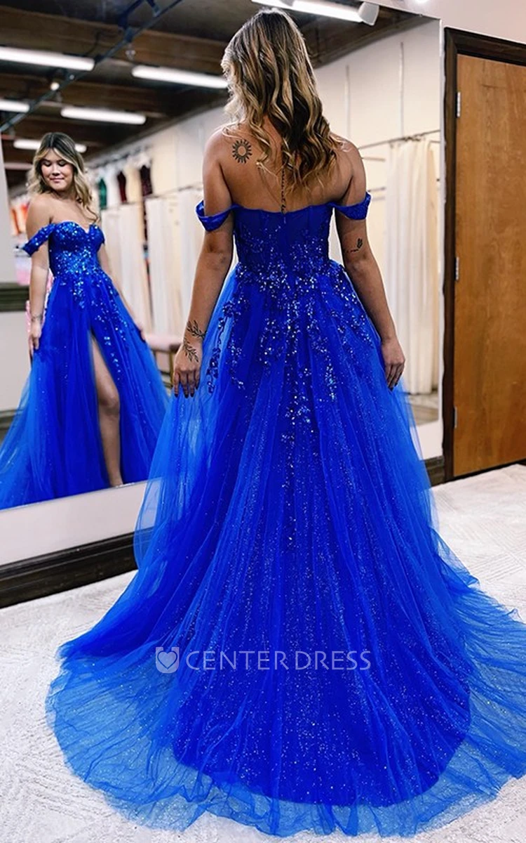 Off-the-shoulder Lace Tulle A-Line Prom Dress Romantic Beach
