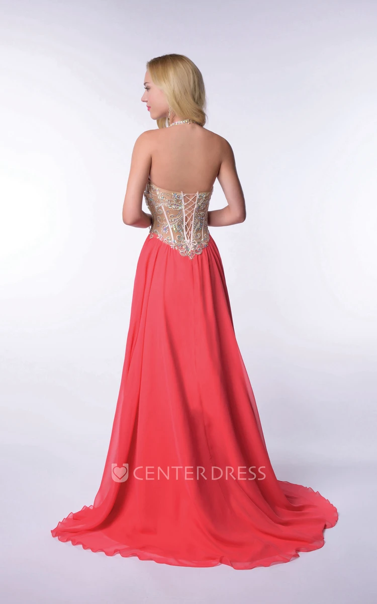 Halter V-Neck Chiffon Long Homecoming Dress With Lace-Up Back