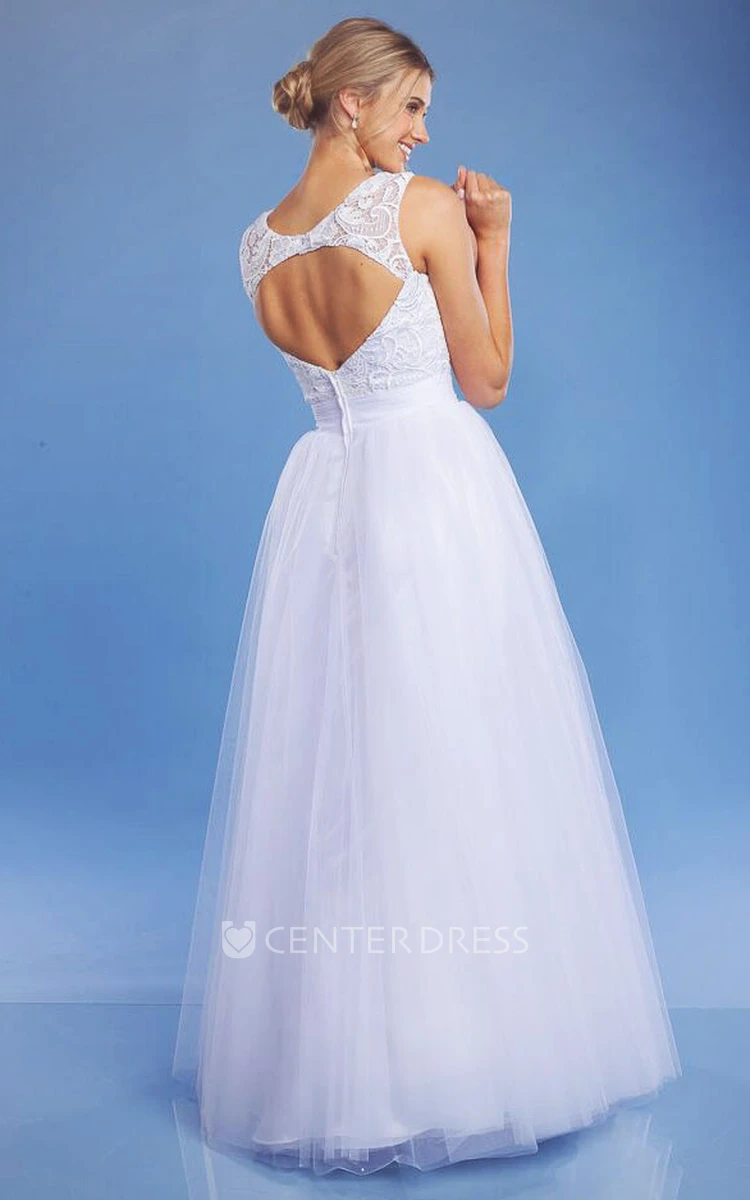 A-Line Bateau Sleeveless Floor-Length Tulle&Lace Wedding Dress With Keyhole Back