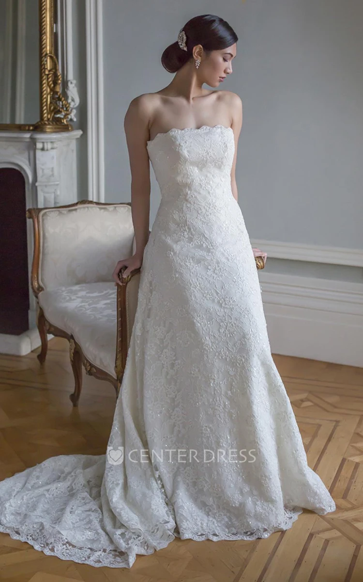 A-Line Sequined Floor-Length Strapless Lace Wedding Dress With Appliques And Court Train