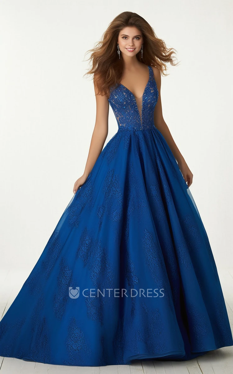 Sleeveless Satin Tulle Ball Gown Prom Dress Sexy V-neck Sweep Train