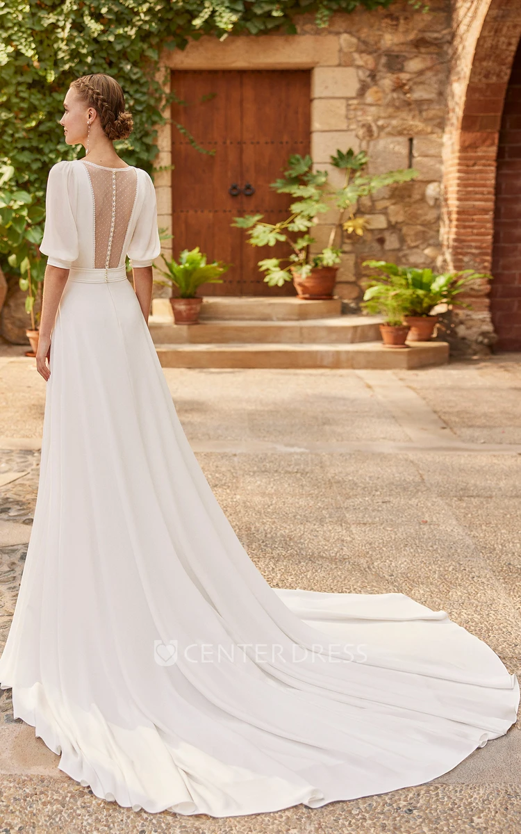 Simple Chiffon V-Neck Wedding Dress with Half Sleeve and Button Back Modern Bridal Gown